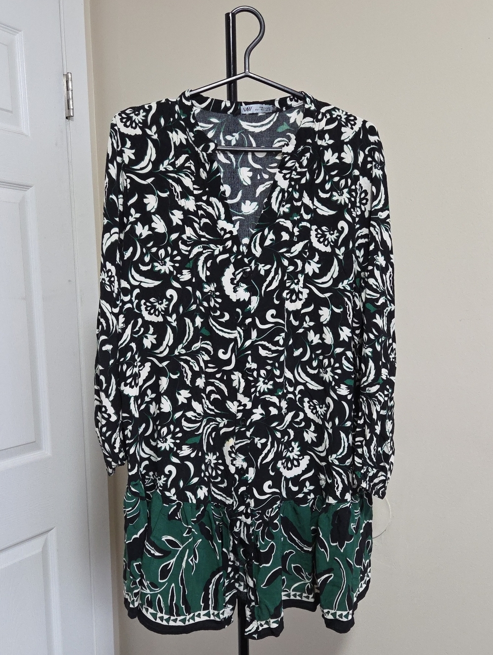 Zara Black & White Floral Tunic with Green Hem
